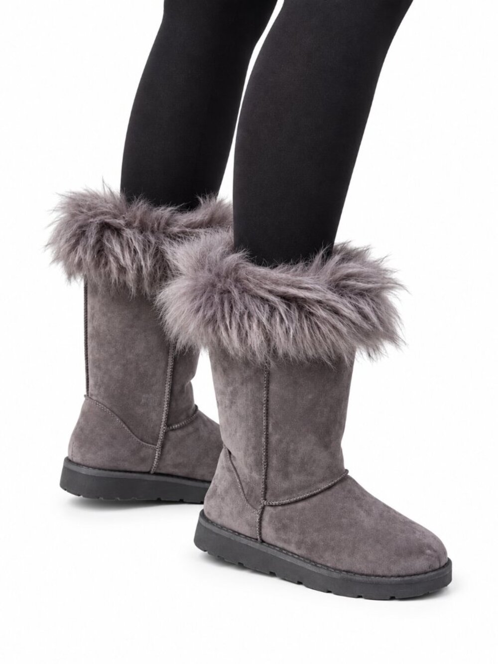 Women's Gray Faux Fur Trim Cozy Mid-Calf Boots, 6